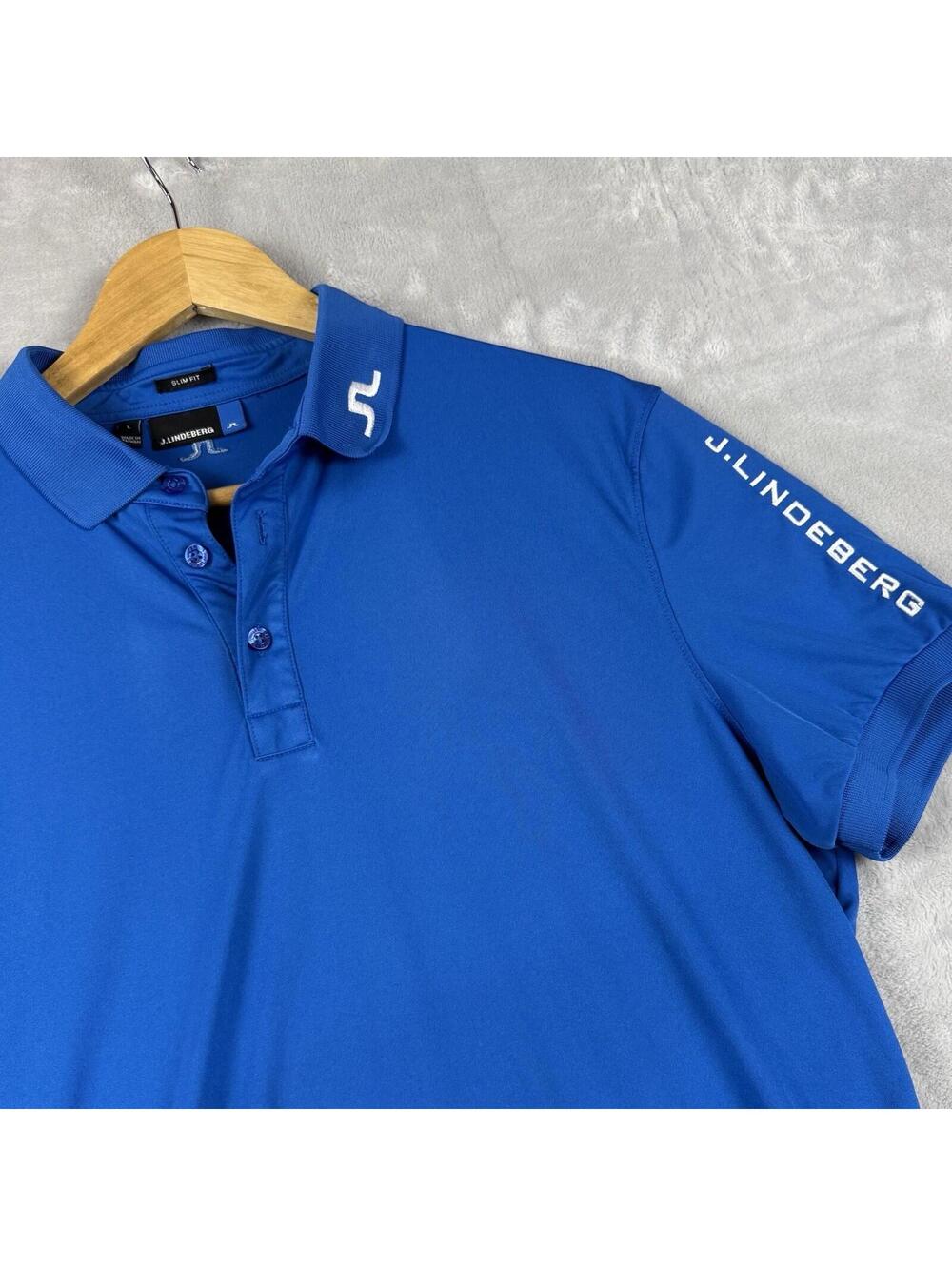 J.Lindeberg Golf Polo Shirt Blue Slim Fit Performance Logo Men Large Preppy Club